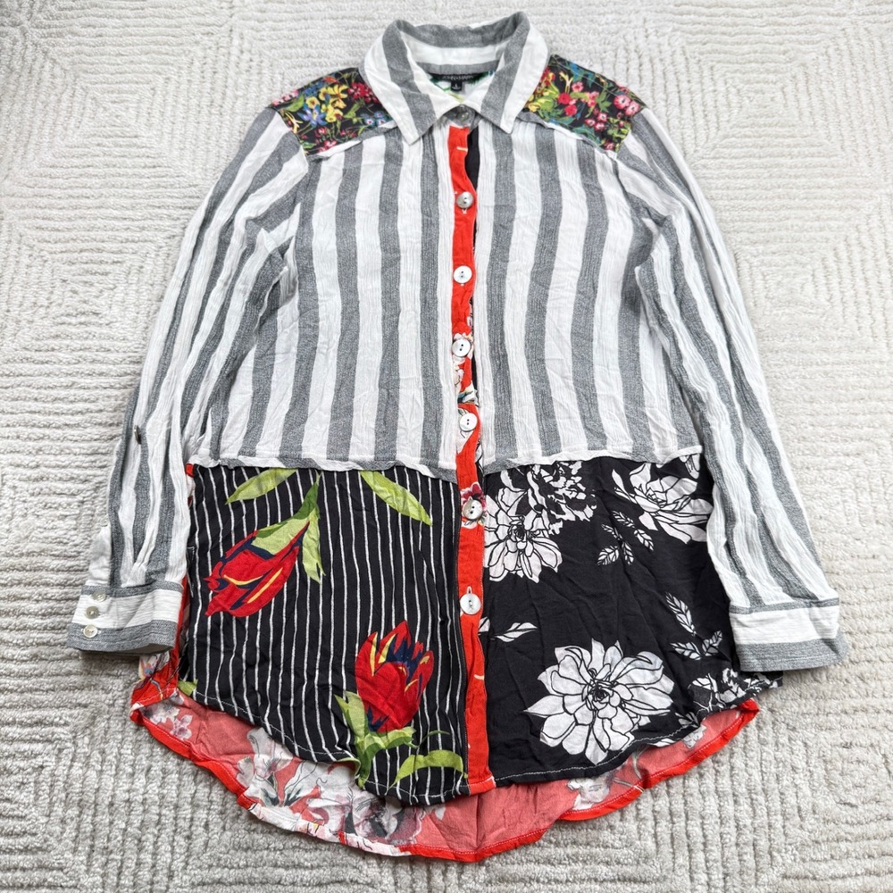 John Mark Button Shirt Women's Large Grey Floral Mixed Media Patchwork Boho Art